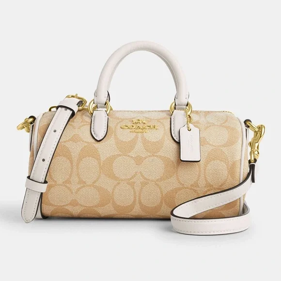 NWT COACH Lacey Barrel Crossbody Signature Canvas Gold Light Khaki Chalk CK689